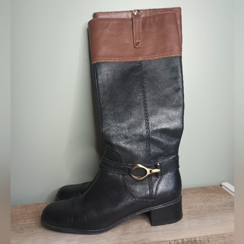Bandolino Womens Leather Riding Boots 10 Black Brown Buckle Equestrian Old Money